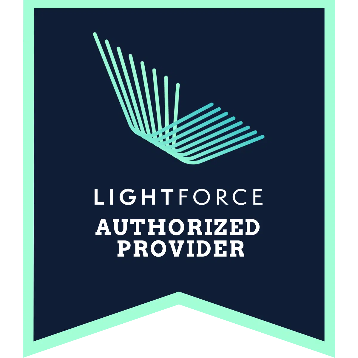 Lightforce Authorized Provider badge with teal wing logo on dark background